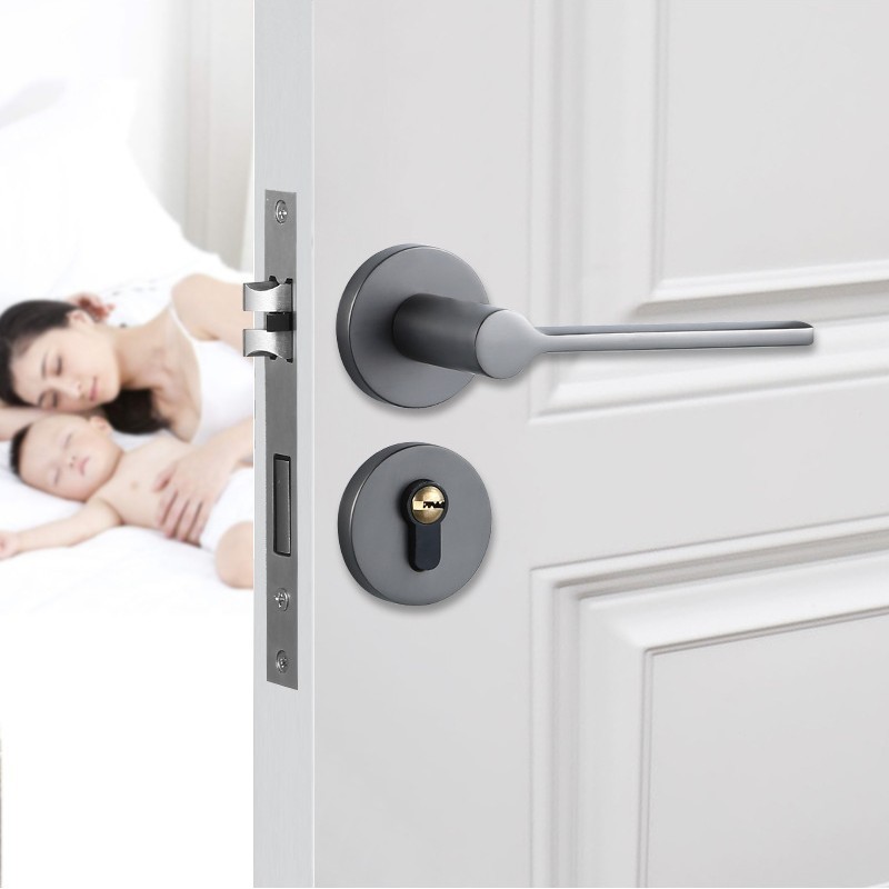 黑色极简木门执手锁室内卧室静音房间门锁全批发分体锁具锌合金