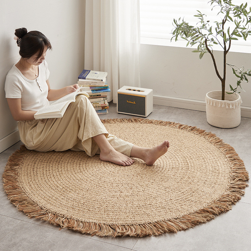 手工编织黄麻地毯客厅沙发茶几胶无地垫阳台卧室圆形流苏地毯