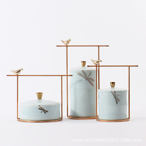 热销陶瓷创意现代软装新中式装饰摆件样板房售楼处玄关客厅博古架