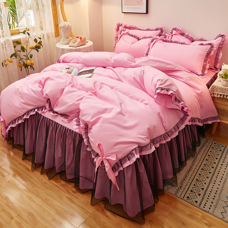 韩版蝴蝶结肤磨毛花边亲蕾丝花边床罩四件套床裙三4件套批发