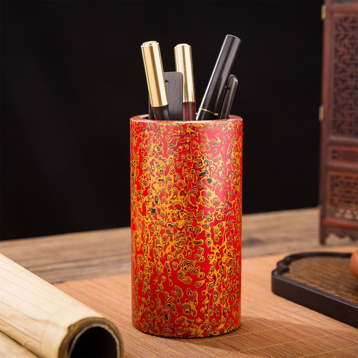 高档创意红木笔筒摆件批发大漆收纳中国风文创礼品实木工艺品笔桶