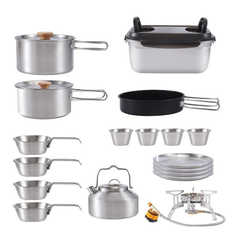 304不锈钢便携锅具炊具露营野营野炊碗盘杯筷勺餐具户外收纳套装