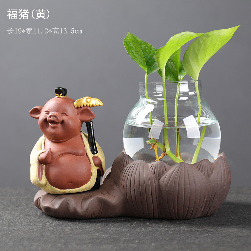 宇轩玻璃花瓶紫砂荷塘养摆件金猪水培植物花插绿萝弥勒小鱼容器