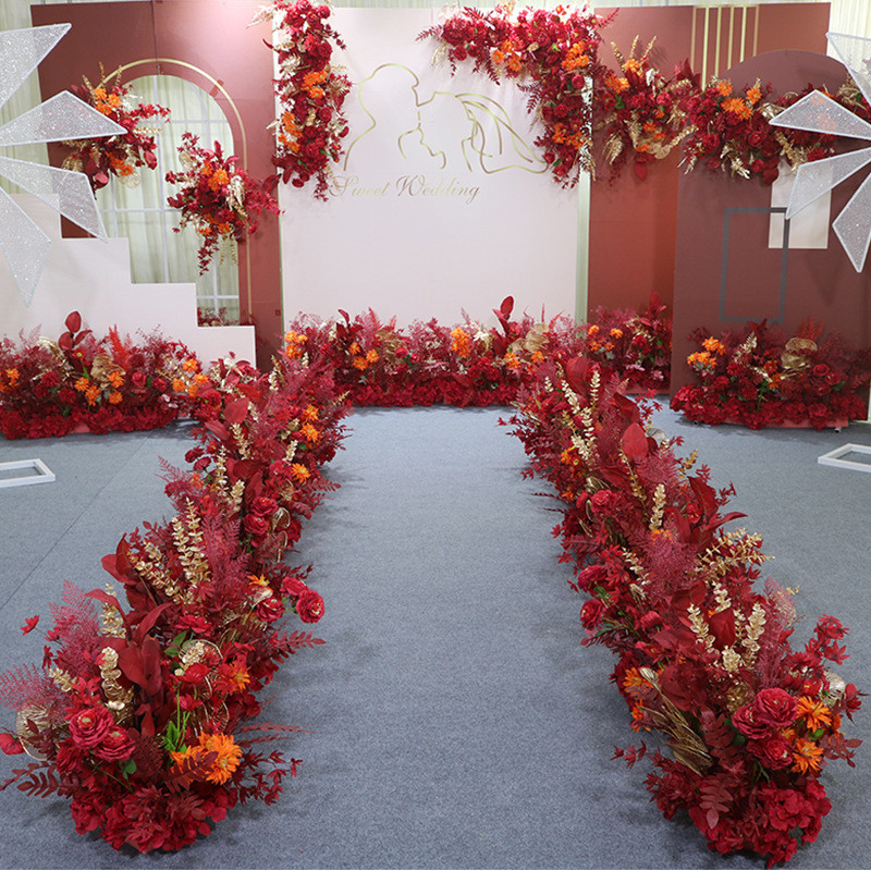 花点红金中式婚礼布置花艺仿真花排花路引婚庆背景舞台迎宾区套系