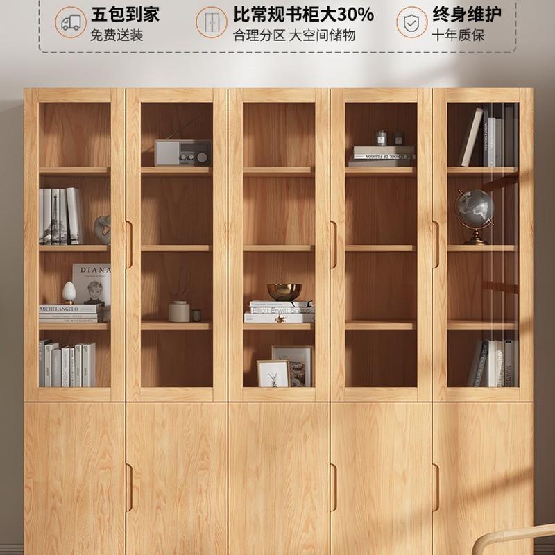 热销实木书柜带玻璃门简约多功能儿童书柜书架松木储物柜展示柜家