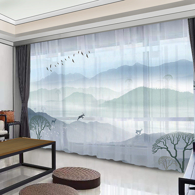 a5l新中式窗帘山水画风景卧室客厅书房飘窗水墨画纱帘茶馆窗帘布