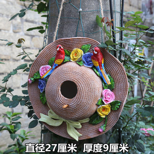庭院装饰别墅花园造景园艺挂件美式乡村树脂仿真草帽户外鸟窝创意
