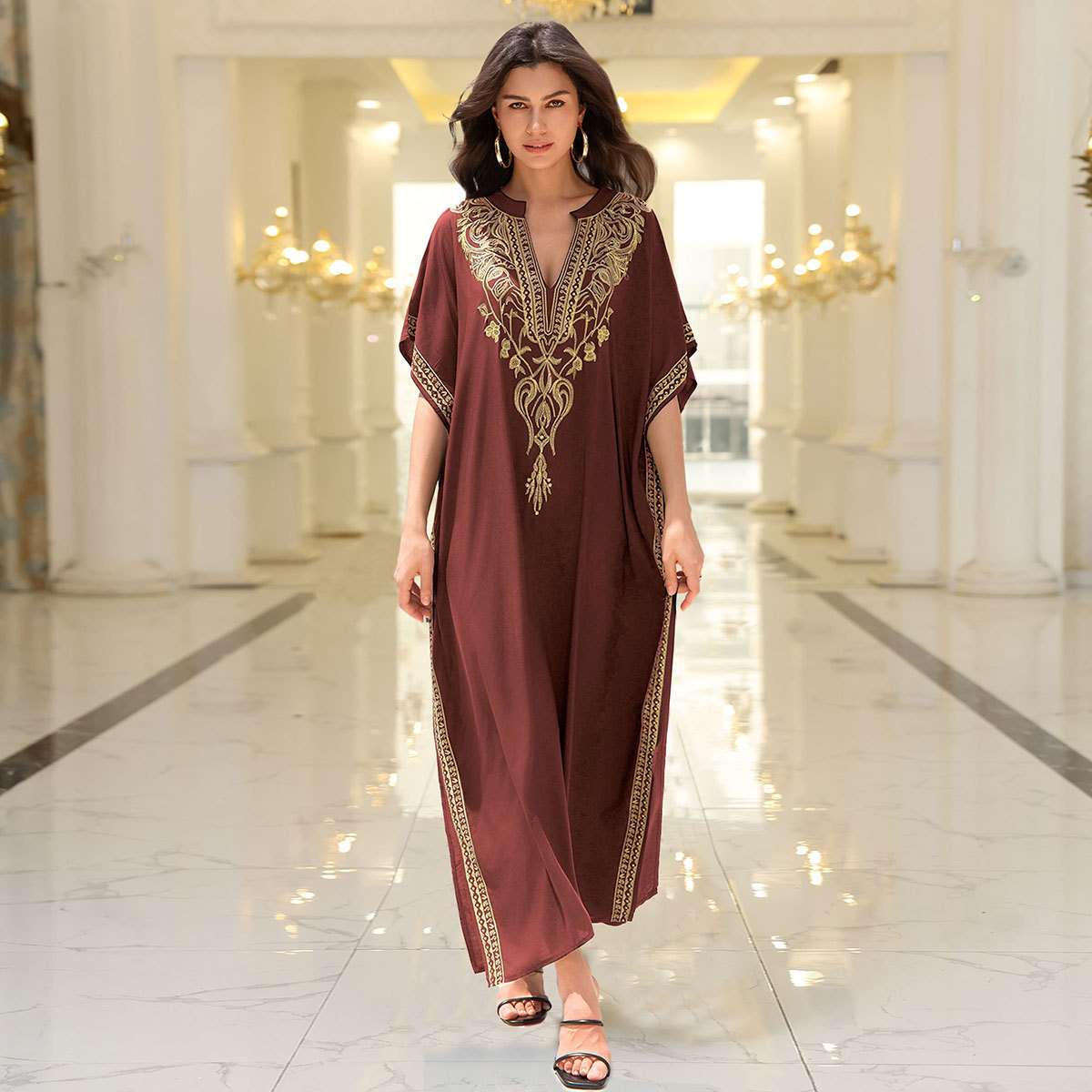 沙滩罩衫人棉金色度假绣花长袍l4041l