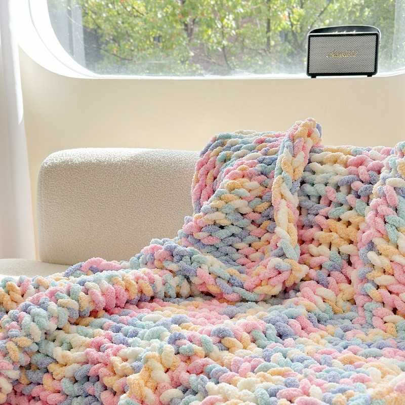 粗段条冰染手工盖毯冬季加厚毛毯沙发盖腿办公室装饰保暖毯子