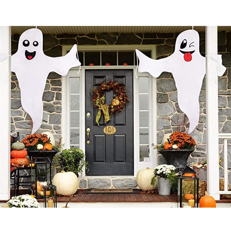 万圣节新款白色笑脸幽灵风向标道具防水风向袋气象筒场景装饰加厚