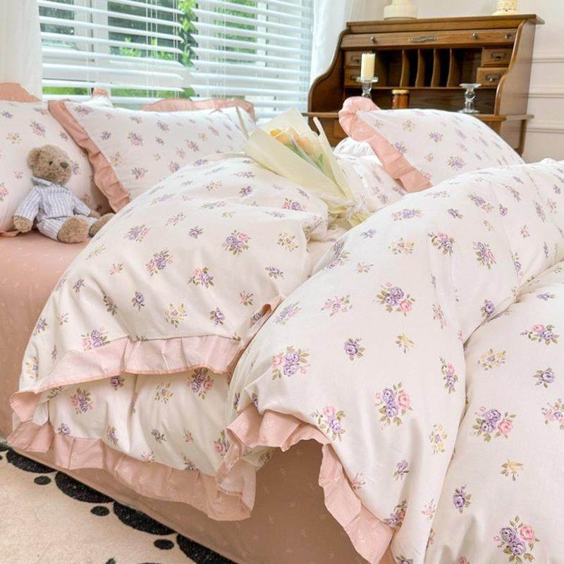 厂家批发ins韩式复古碎花棉四件套少女心公主风荷叶边棉4件套