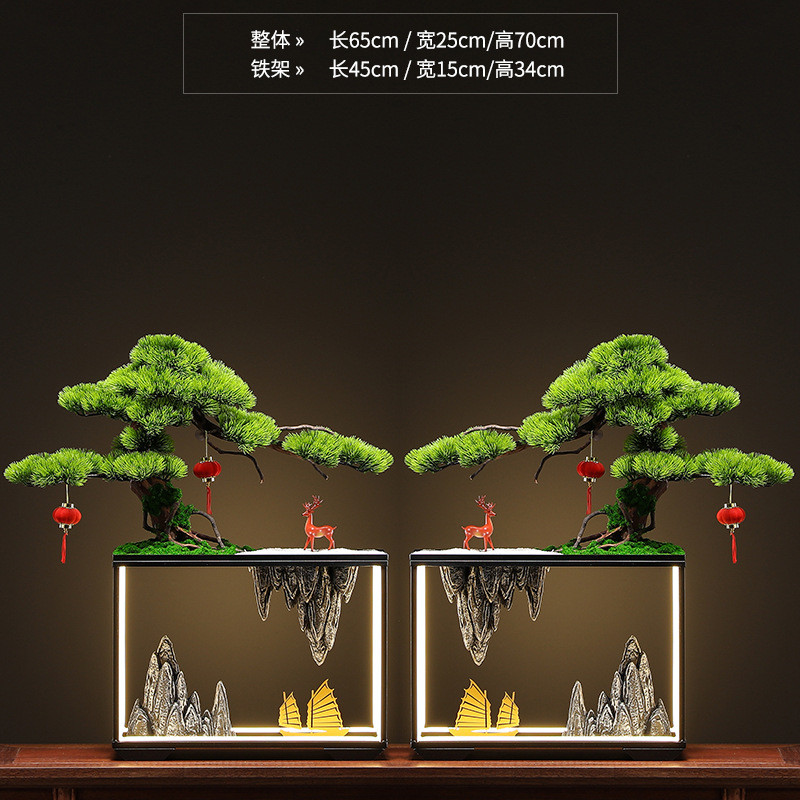 仿真迎客松摆件盆景根雕假山新中式酒店茶室玄关办公家居装饰