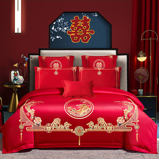 热销新品 四件套中国红刺绣四件套 长绒棉大红刺绣中国风婚庆床单款
