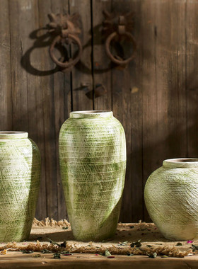 客厅插花摆件美式绿色陶瓷工艺文艺粗陶小花瓶景德镇陶罐餐厅