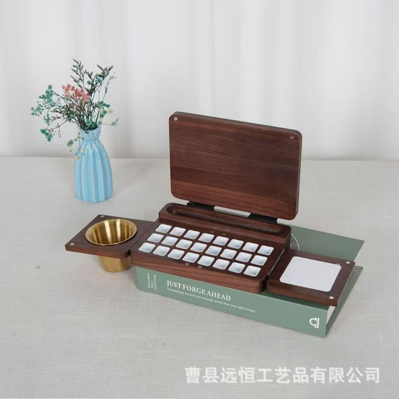 木质水彩绘画板色油彩收纳盒便携式旅行绘画盒24绘画分格调色板