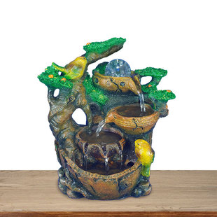 桌面玄关喷泉清新自然风鸟栖林间流水生财摆件摆件加湿器小喷泉