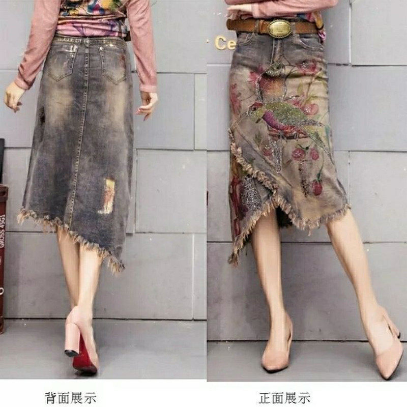 不规则牛仔a字裙包臀裙2025夏季新款牛仔裙女毛边印花