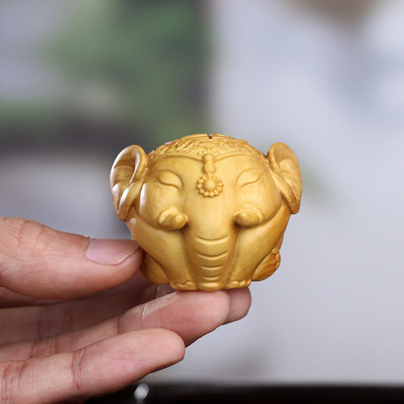 黄杨木雕福禄吉祥大象手把件木质财车挂动物文玩新中式家居摆件