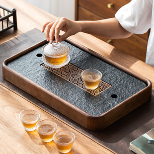 热销s实木乌金石小茶盘中式简约家用茶台储水式排水小型两用托盘