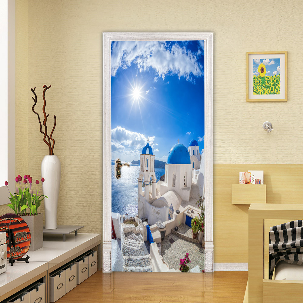 热销巨创跨境货源贴纸pvc3d自粘门贴客厅现代装饰海边小镇风景