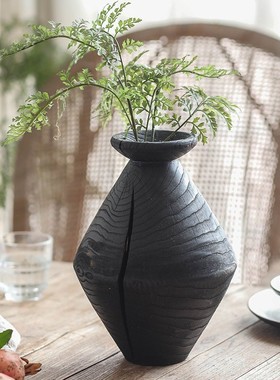 侘寂风黑色实木花瓶摆件摆设插花干花餐桌装饰客厅客厅玄关工艺品