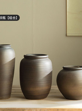 景德镇复古花瓶陶罐日式禅意手工粗螺纹花器家居客厅装饰插花花盆