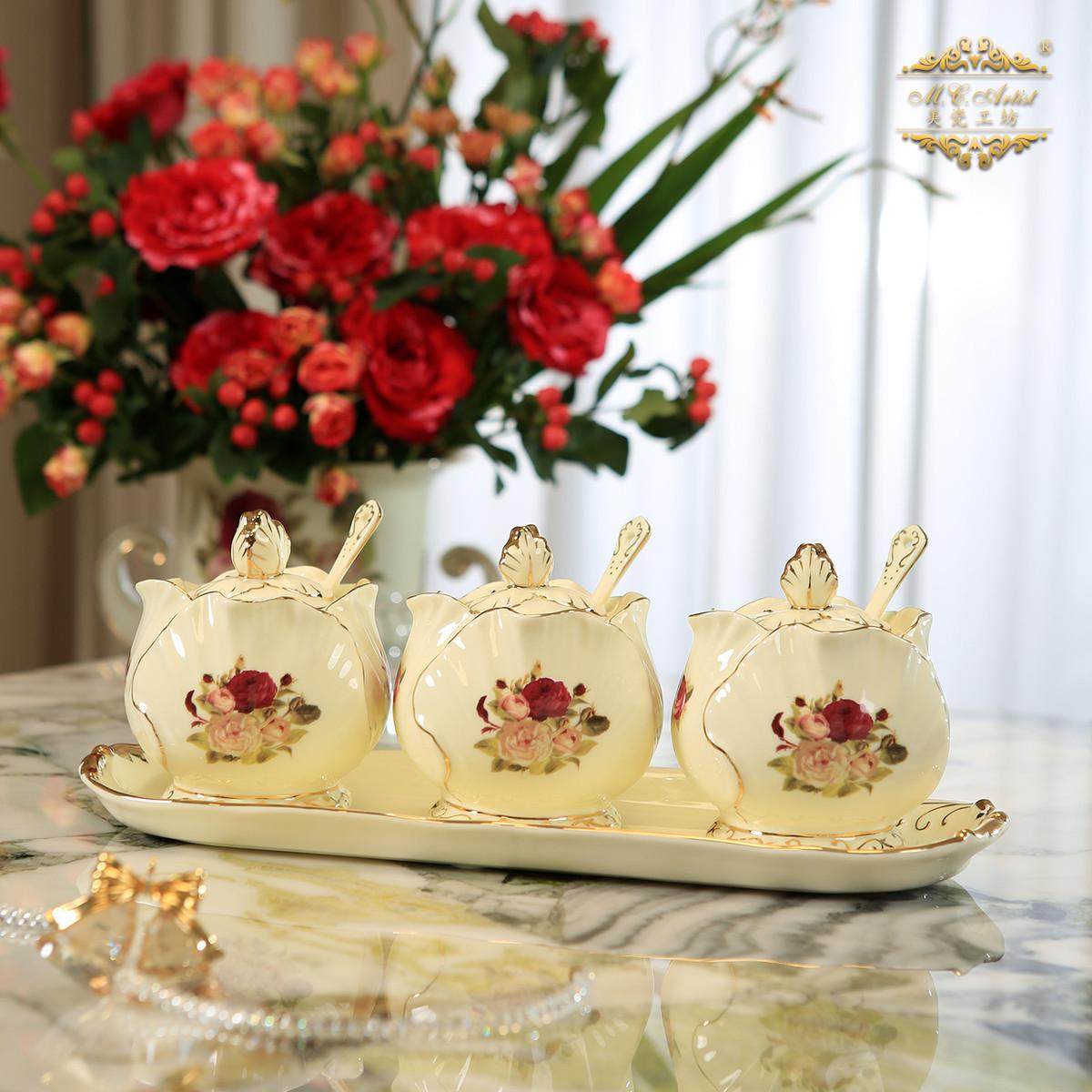 英伦玫瑰欧式陶瓷调味罐套装创意调料盒油壶盐罐糖罐厨房用品2058