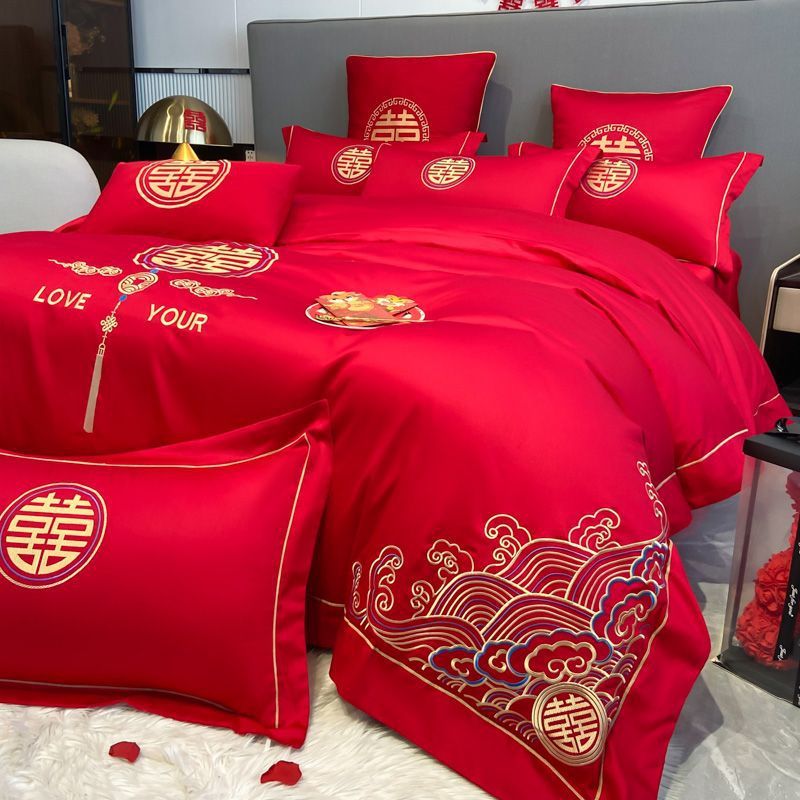 大红色婚庆四件套水洗棉被套床单中式结婚婚房喜庆床上用品