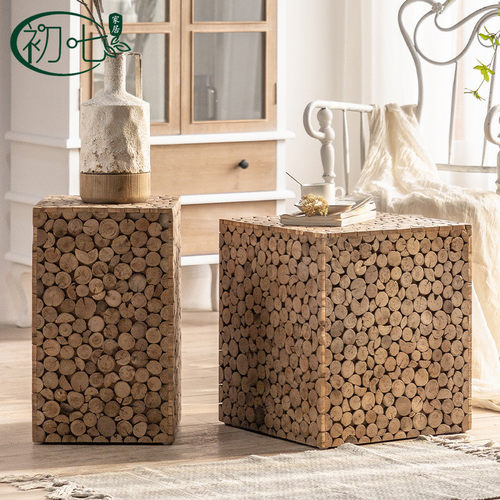 新款侘寂风小边几实木沙发复古做旧卧室床头边桌民宿装饰阳台小茶