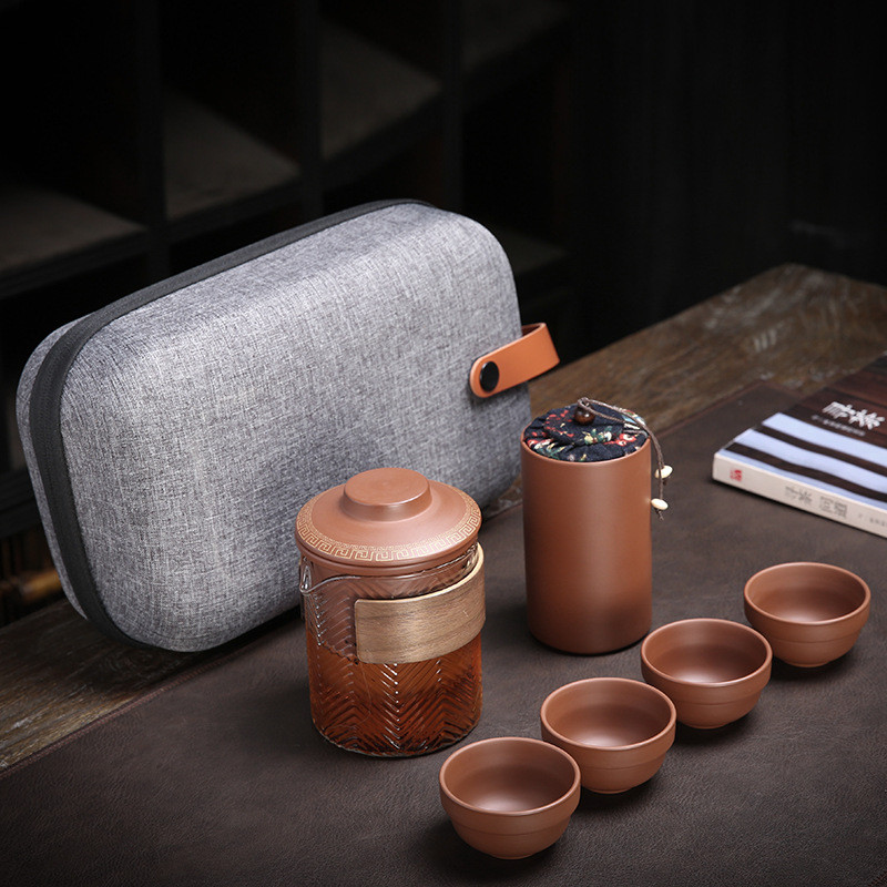 紫砂玻璃快客杯防烫陶瓷一壶三杯便携式商务礼品简约旅行茶具套装