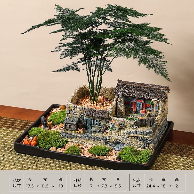 微景观小摆件中式复古老房子多肉植物造景创意室内花盆文竹盆景