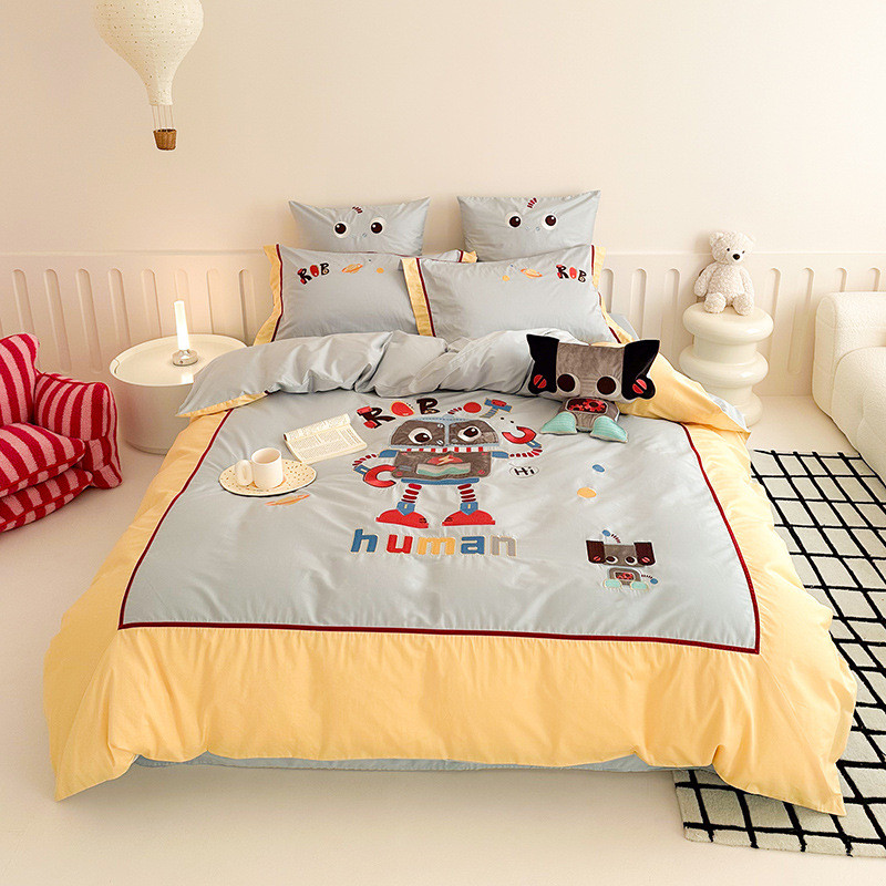 男孩风100s长绒棉四件套可爱机器人刺绣被套全棉卡通1.8m床上用品