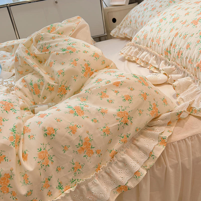 批发ins少女心韩系小公主风棉四件套碎花双层蕾丝花边棉4件套