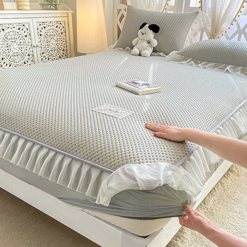 夏季床套格凉席款花边冰丝床笠单件床垫保护套床罩华夫床单三件套