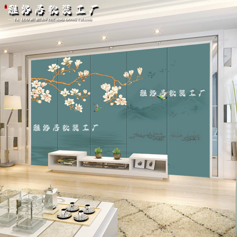 新中式刺绣硬包背景墙定制卧室床头独绣墙布现代轻奢客厅沙发硬包