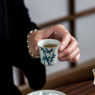手绘古彩文竹品茗杯青花不功夫茶具单个茶杯薄胎竹节烫手主人杯