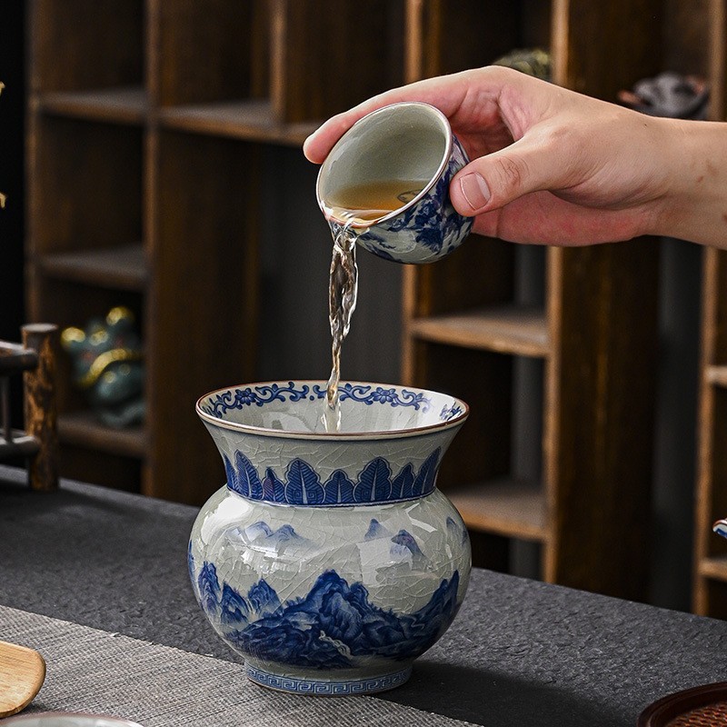 景德镇青花瓷复古建水茶洗大号茶桶水盂茶盂茶渣缸陶瓷废水桶茶缸