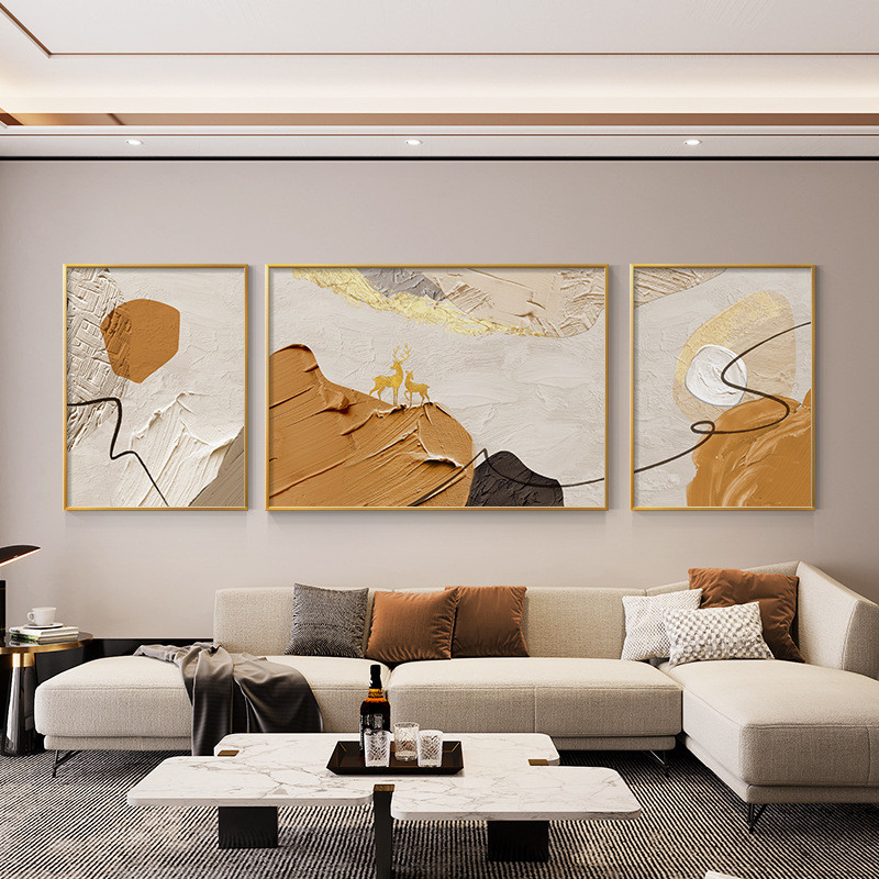 现代简约装饰画客厅抽象沙发背景墙有挂画三联鹿生财床头大气壁画