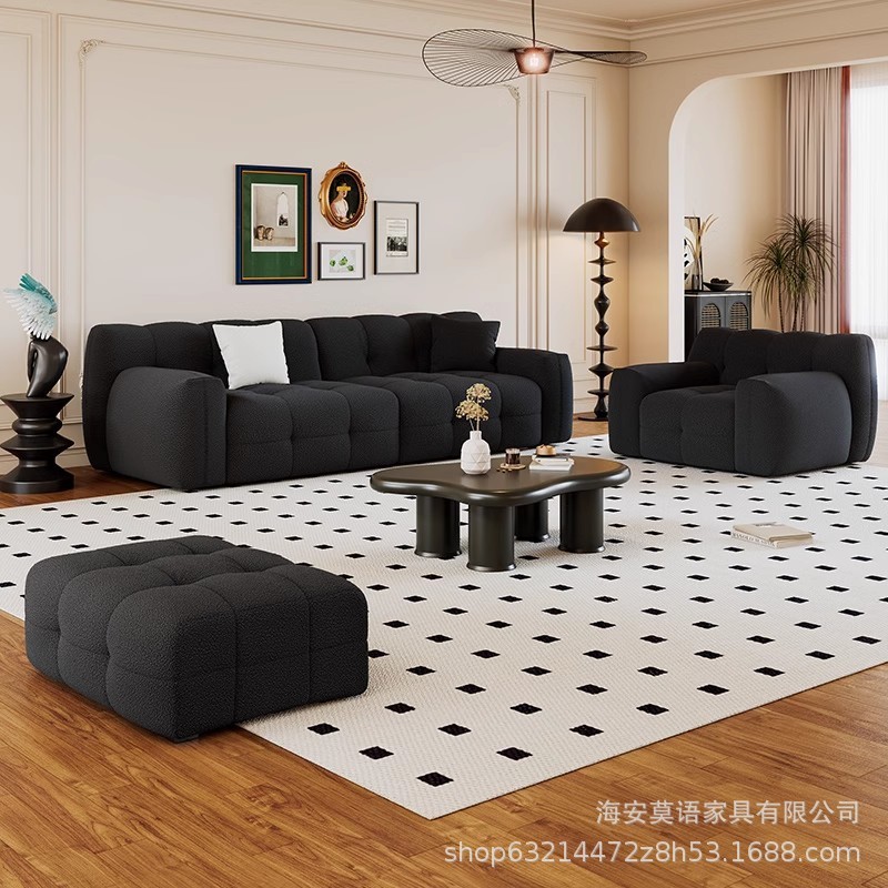 北欧复古极简黑色棉花糖简约欧沙发设计师复古羊羔毛沙发组合