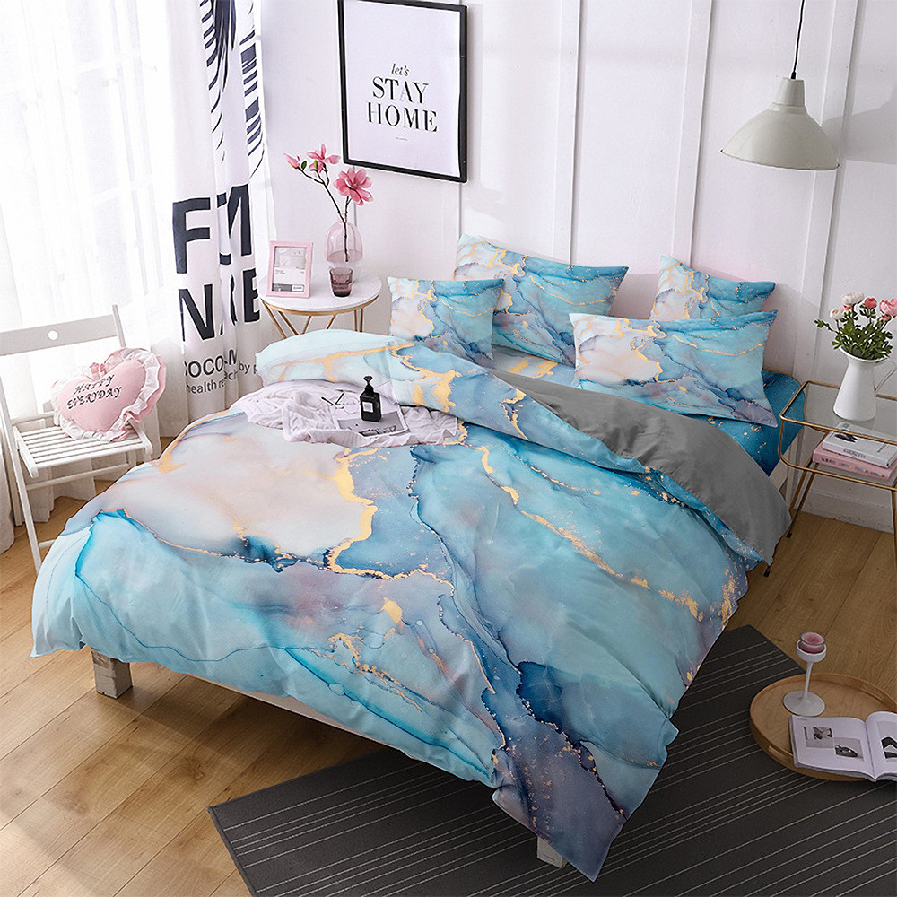 3d数码印花大理石纹鎏金水墨石纹被套三件套外贸家纺床上用品