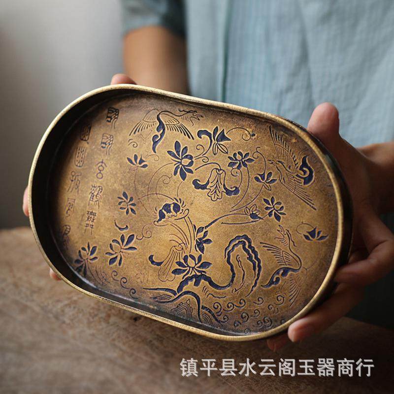 样板间漆绘壶承宋式黄铜托盘铜器铜盘壶垫茶盘干泡台雕刻茶盘手工