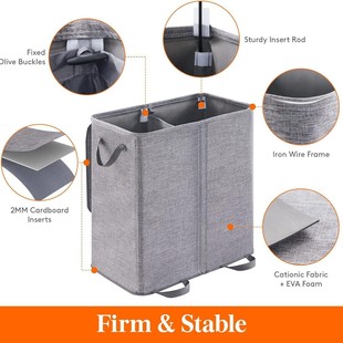 双层洗衣篮带盖和可拆卸洗衣袋 大号可折叠2个隔层脏衣服篮带把