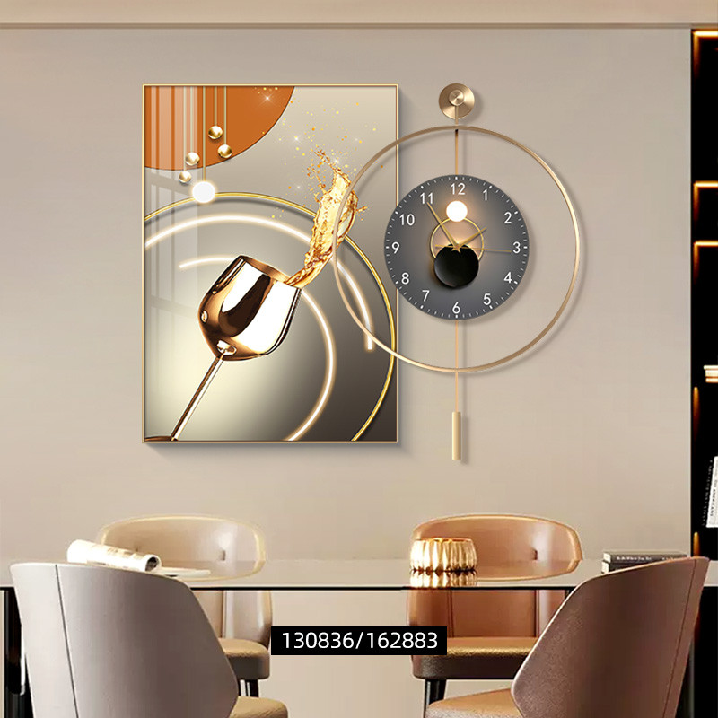 餐厅装饰画高档饭厅酒杯时钟挂墙客厅轻奢背景墙挂画2024新款钟表