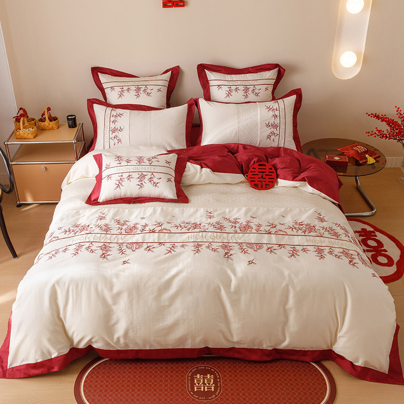 现代刺绣婚庆长绒棉全棉四件套风大红色结婚被套床单床上用品1.8m