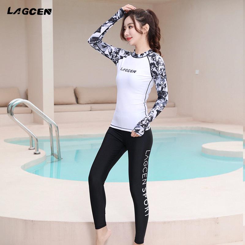 lagcen专业潜水女分体显瘦套装长袖运动冲浪服水母女款防晒温泉衣