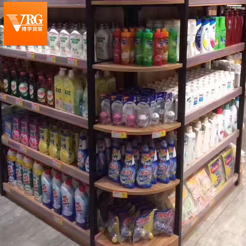 食品店包柱双面货架超市木质大型旋转式展示架商场钢木结合货柜