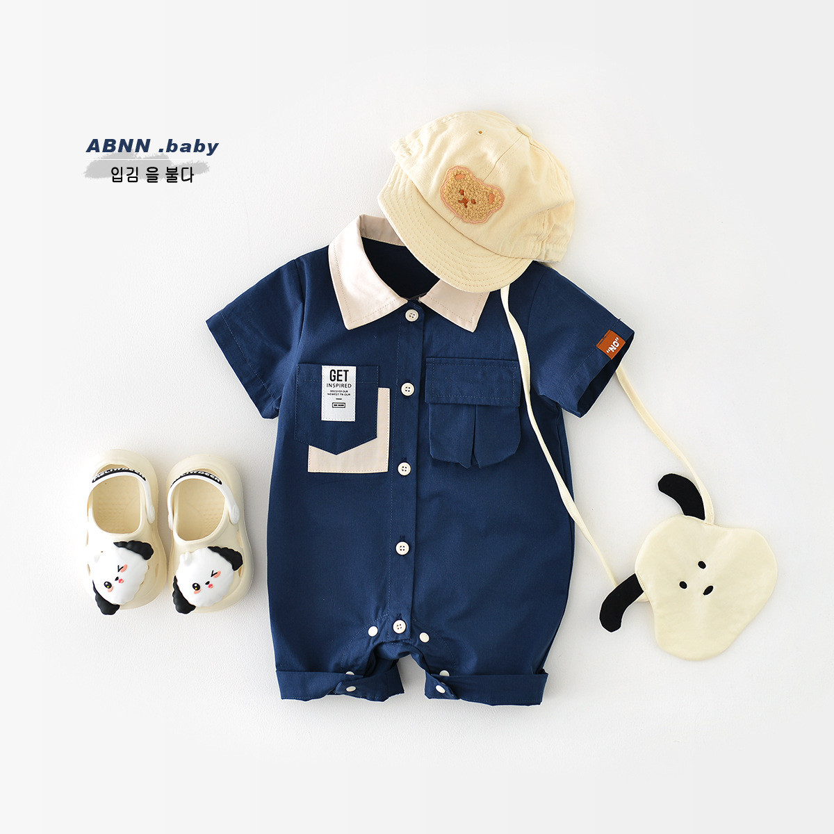 宝宝夏季爬服薄款可开裆短袖哈衣男宝宝帅气工装休闲爬服外出夏装