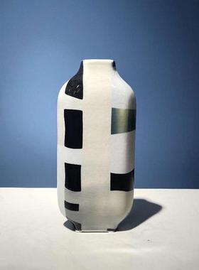 热销扁形彩色马赛克花器陶瓷欧式现代插花花瓶玄关餐桌软装摆饰工