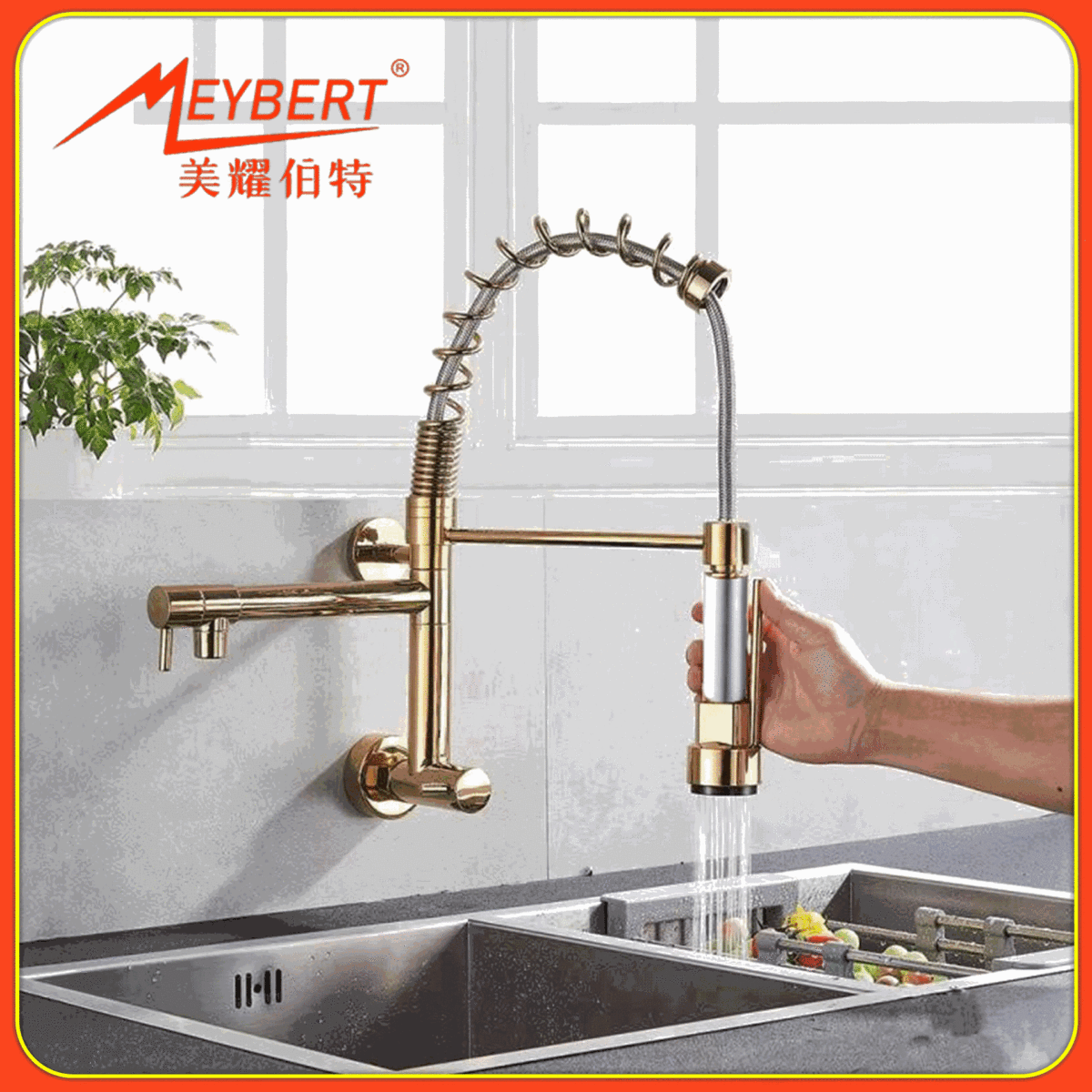 跨境入墙式弹簧水龙头单冷厨房多功能万向旋转双出水抽拉式龙头