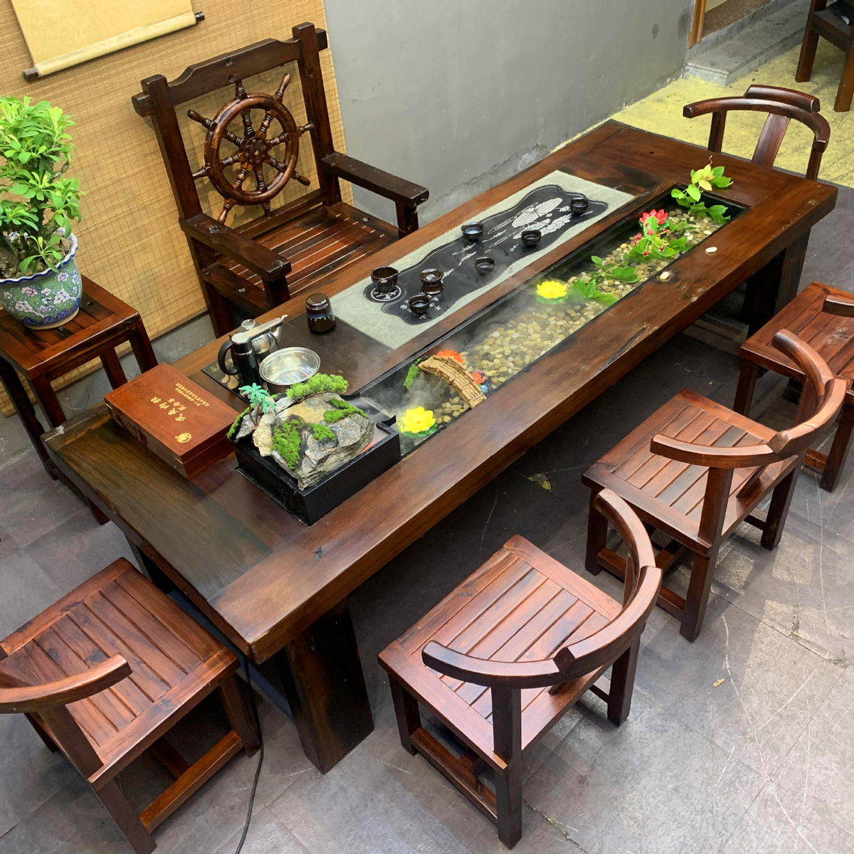 新中式老船木流水茶桌椅组合原木茶台方形茶具套装一体桌茶几景观